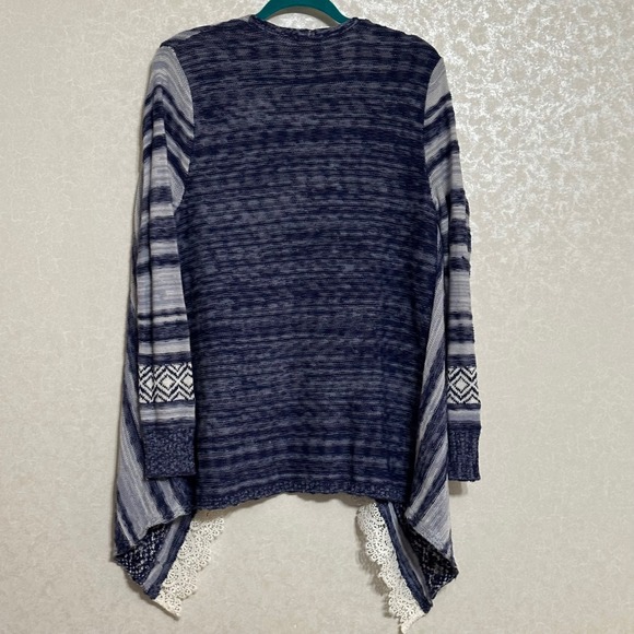 Wrangler Blue Striped Lace Trim Draped Open Front Knit Cardigan Sweater Boho L - Picture 2 of 5